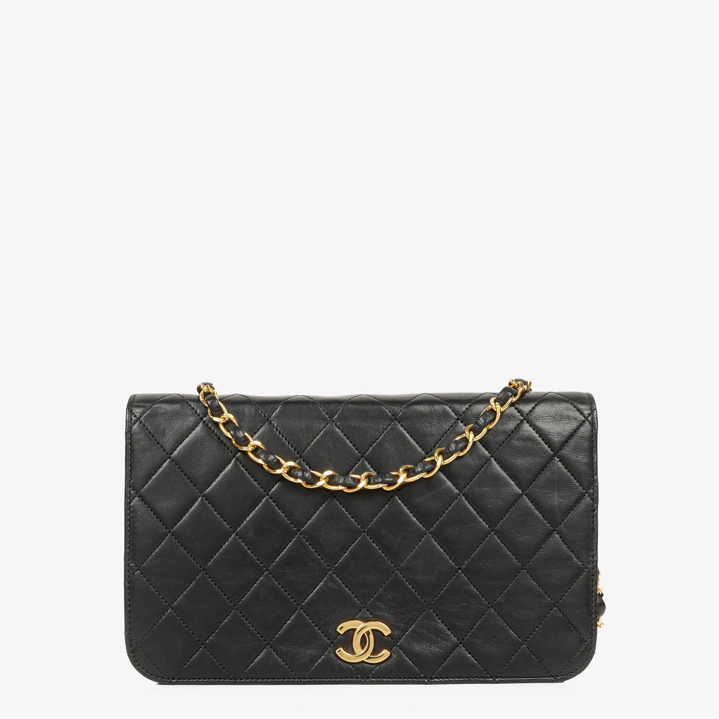 CHANEL Classic Full Flap Bag aus schwarzem gestepptem Lammleder mit 24K vergoldeten Beschlägen