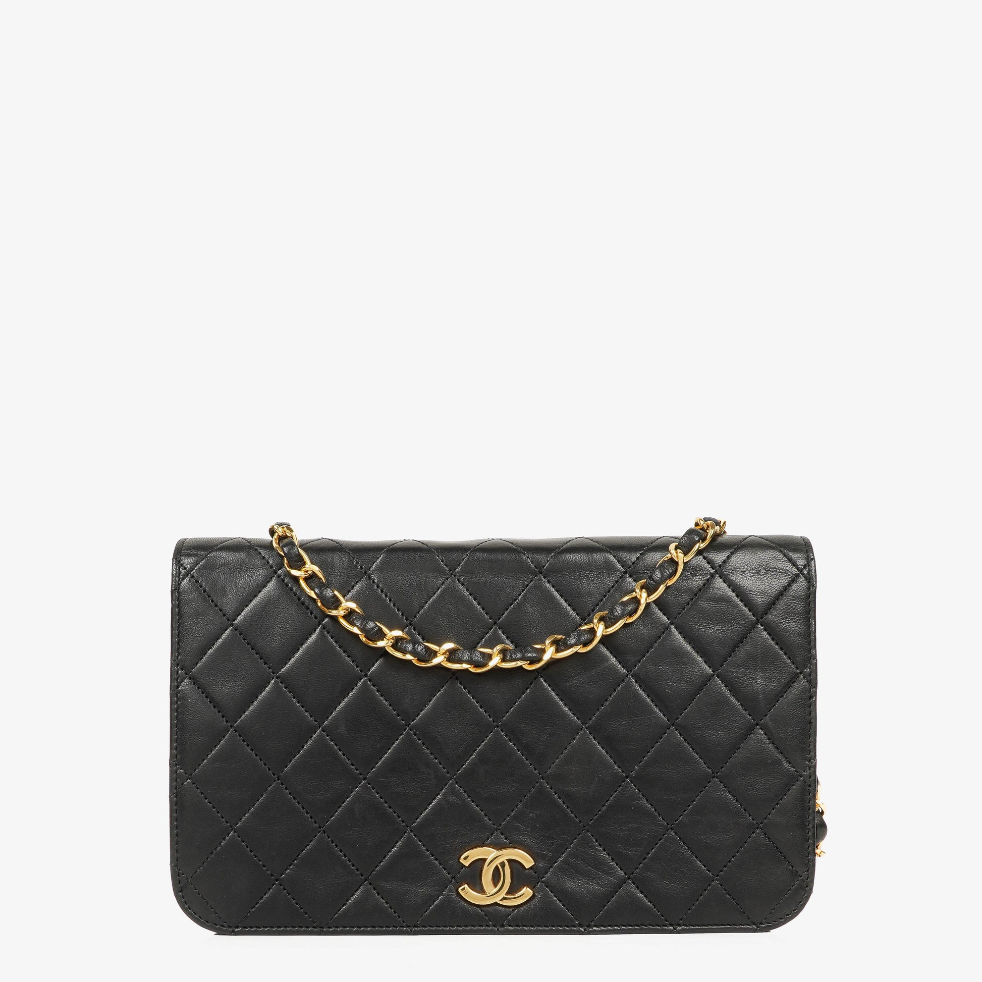 CHANEL Classic Full Flap Bag aus schwarzem gestepptem Lammleder mit 24K vergoldeten Beschlägen