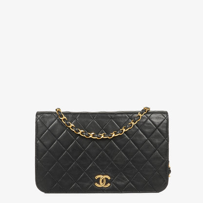 CHANEL Classic Full Flap Bag aus schwarzem gestepptem Lammleder mit 24K vergoldeten Beschlägen