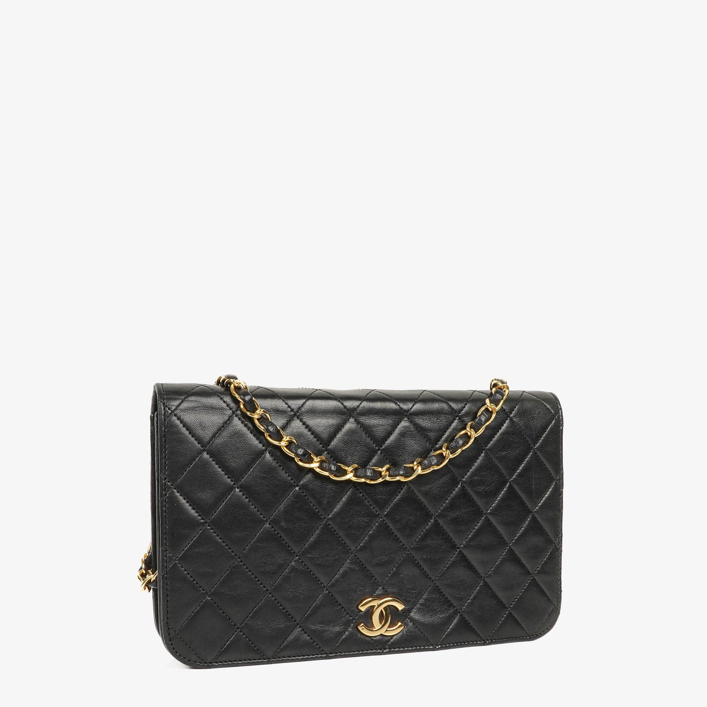 CHANEL Classic Full Flap Bag aus schwarzem gestepptem Lammleder mit 24K vergoldeten Beschlägen