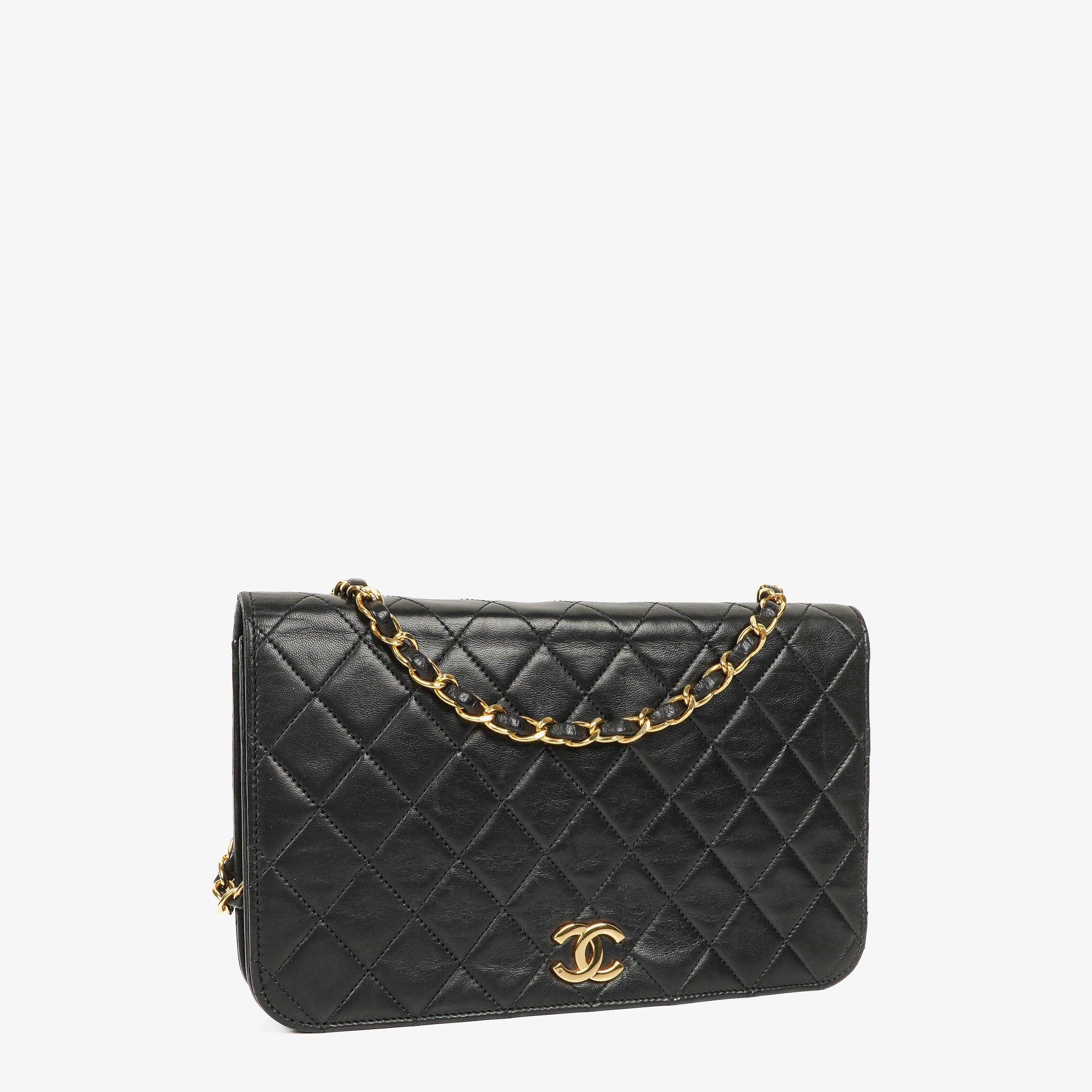 CHANEL Classic Full Flap Bag aus schwarzem gestepptem Lammleder mit 24K vergoldeten Beschlägen