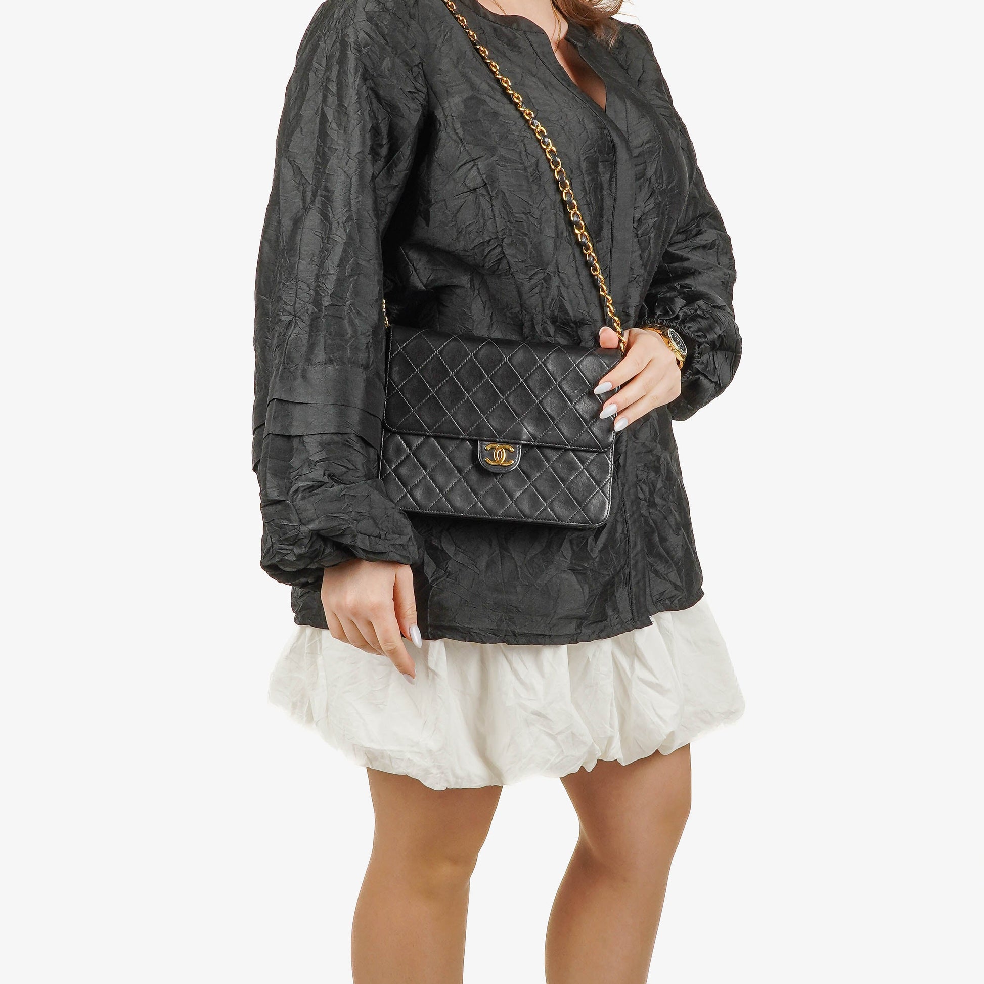 Chanel Small Classic Single Flap Tasche aus schwarzem gestepptem Lammleder mit 24K vergoldeter Hardware