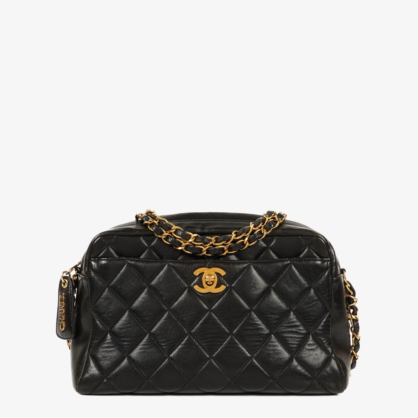 Chanel Vintage Camera Bag mit Fronttasche aus schwarzem gestepptem Leder mit 24K vergoldeter Hardware