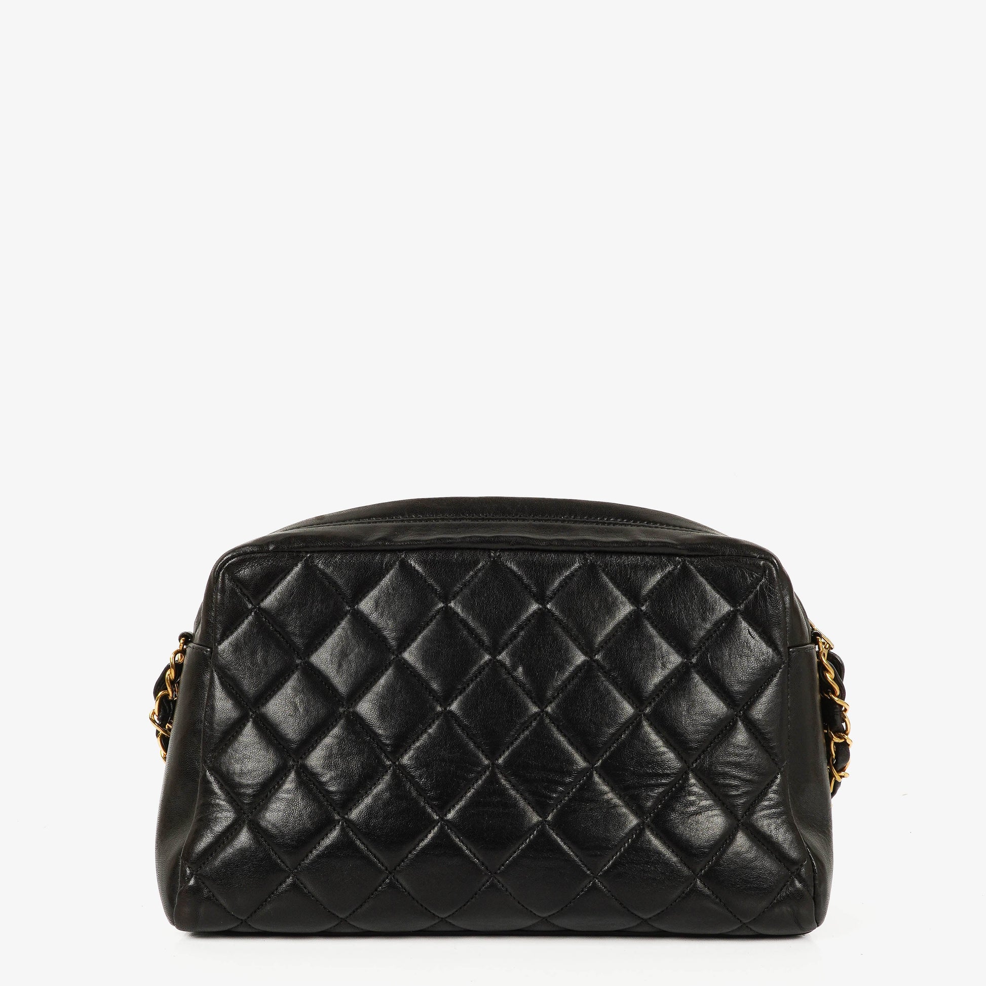 Chanel Vintage Camera Bag mit Fronttasche aus schwarzem gestepptem Leder mit 24K vergoldeter Hardware