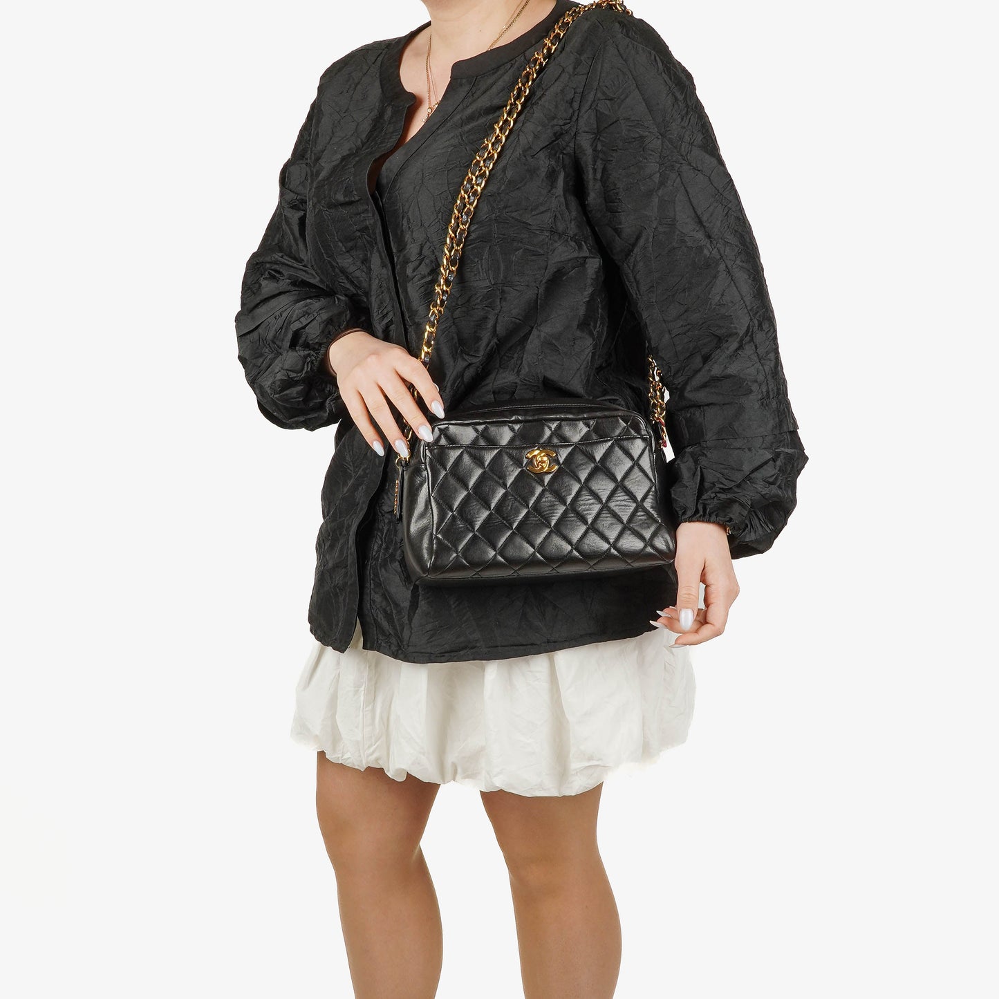 Chanel Vintage Camera Bag mit Fronttasche aus schwarzem gestepptem Leder mit 24K vergoldeter Hardware