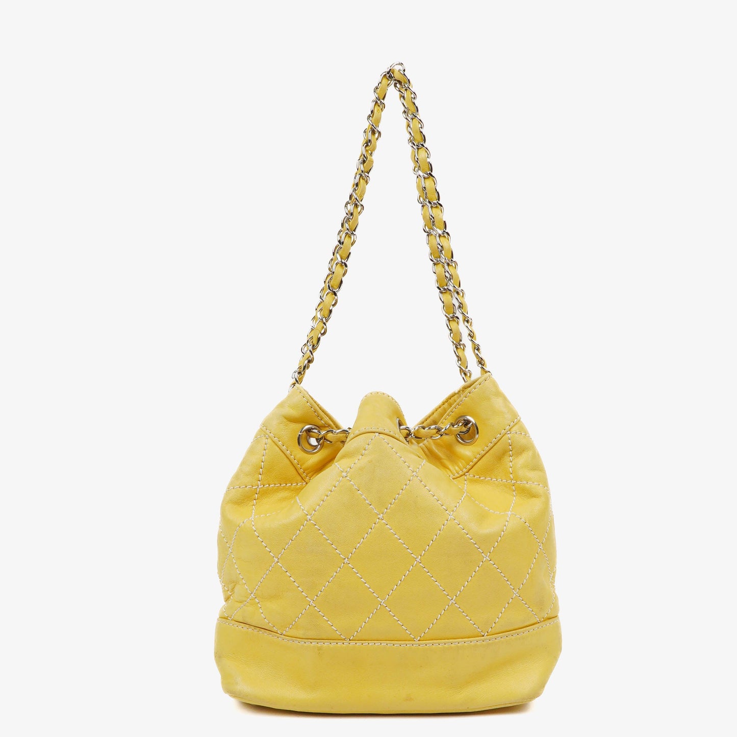 Chanel Bucket Bag aus gelbem Lammleder mit Kontrastnähten und Kordelzug, 2005-2006