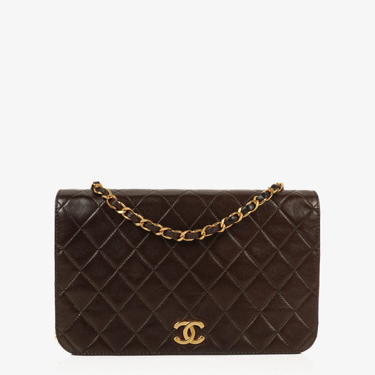 Chanel Classic Full Flap Tasche aus braunem gestepptem Lammleder mit 24K vergoldeter Hardware