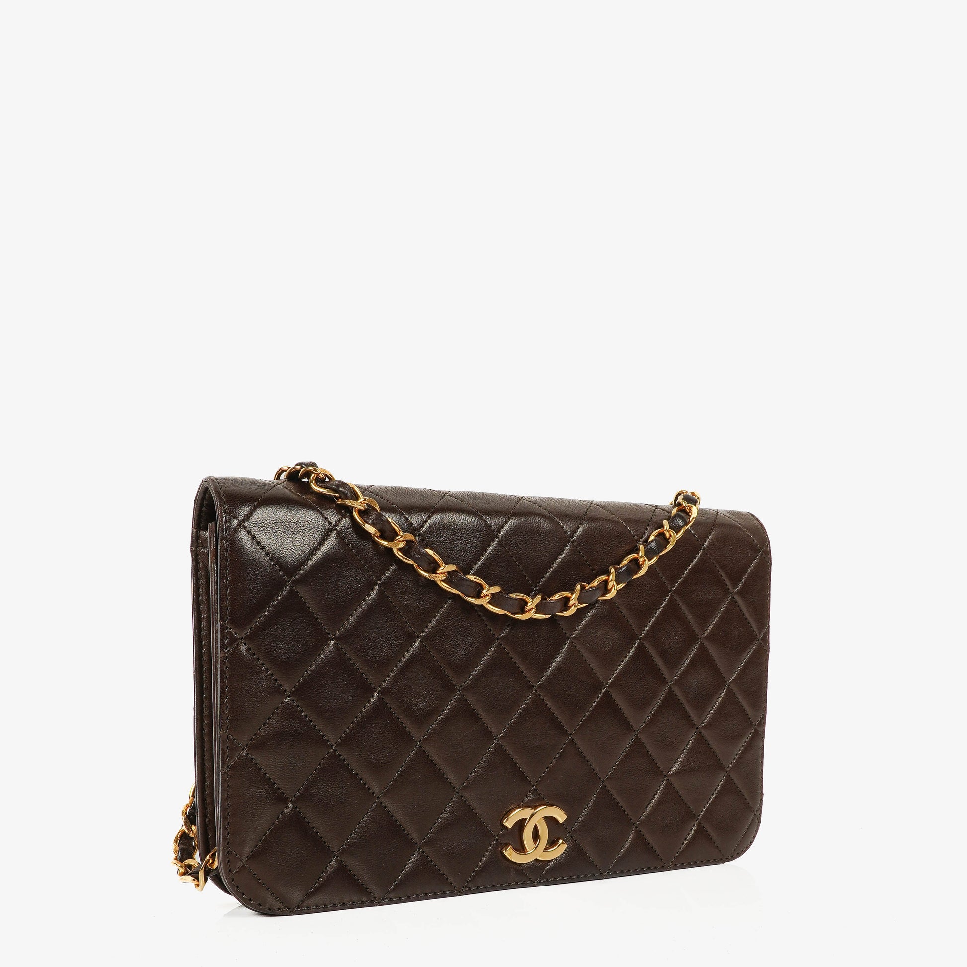 Chanel Classic Full Flap Tasche aus braunem gestepptem Lammleder mit 24K vergoldeter Hardware