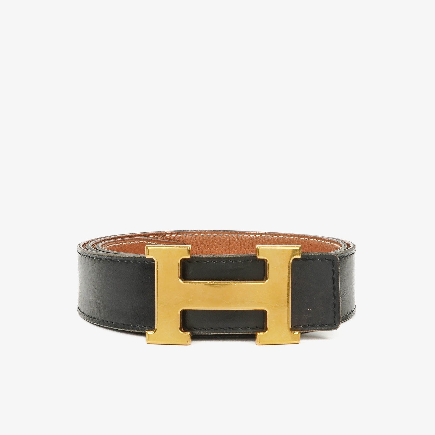 Hermès 30 mm H-Gürtel aus schwarzem Boxleder mit goldfarbener Hardware