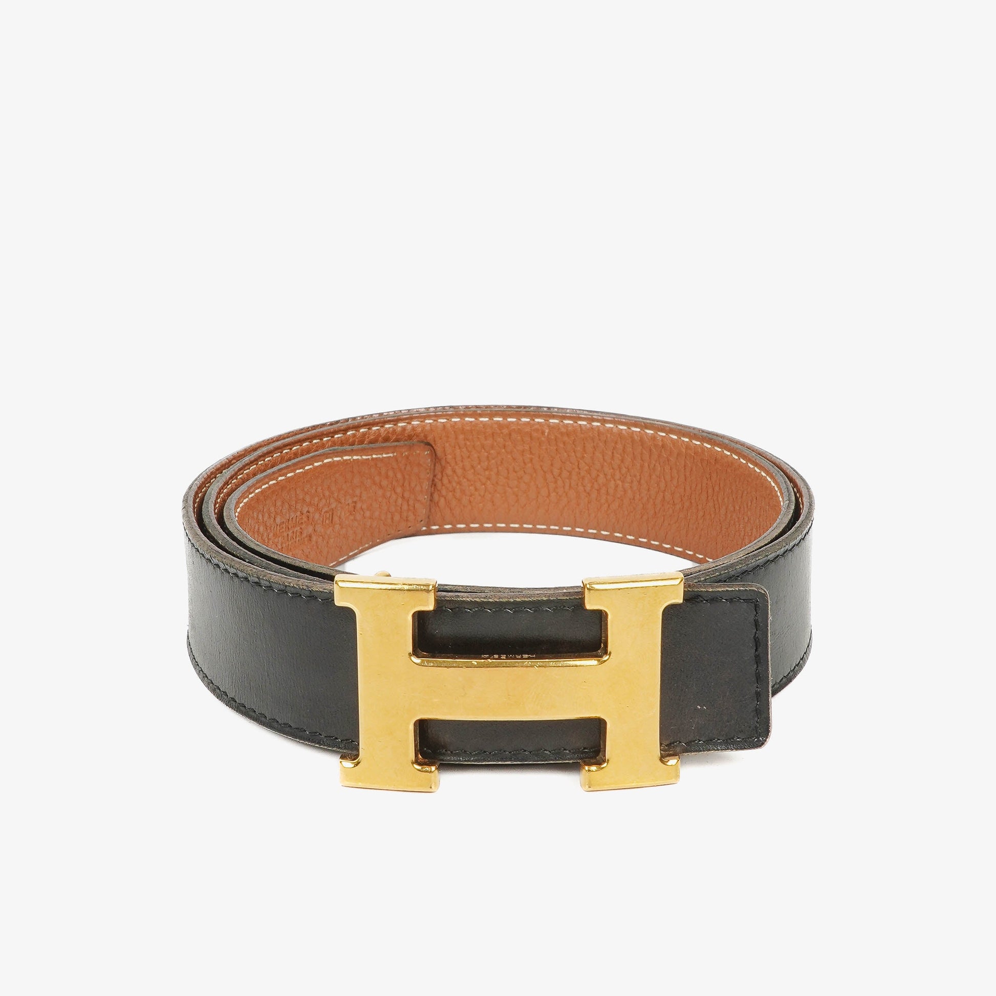 Hermès 30 mm H-Gürtel aus schwarzem Boxleder mit goldfarbener Hardware