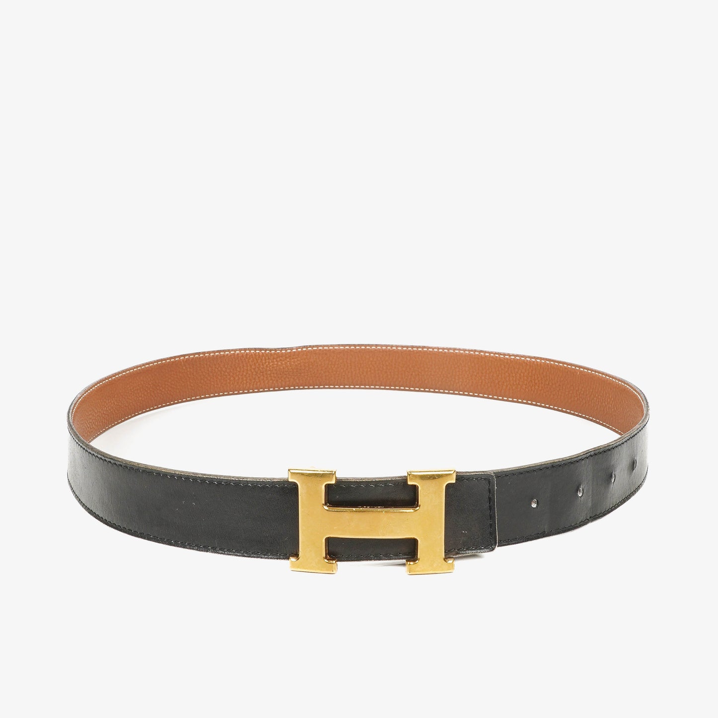 Hermès 30 mm H-Gürtel aus schwarzem Boxleder mit goldfarbener Hardware