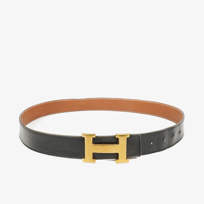 Hermès 30 mm H-Gürtel aus schwarzem Boxleder mit goldfarbener Hardware