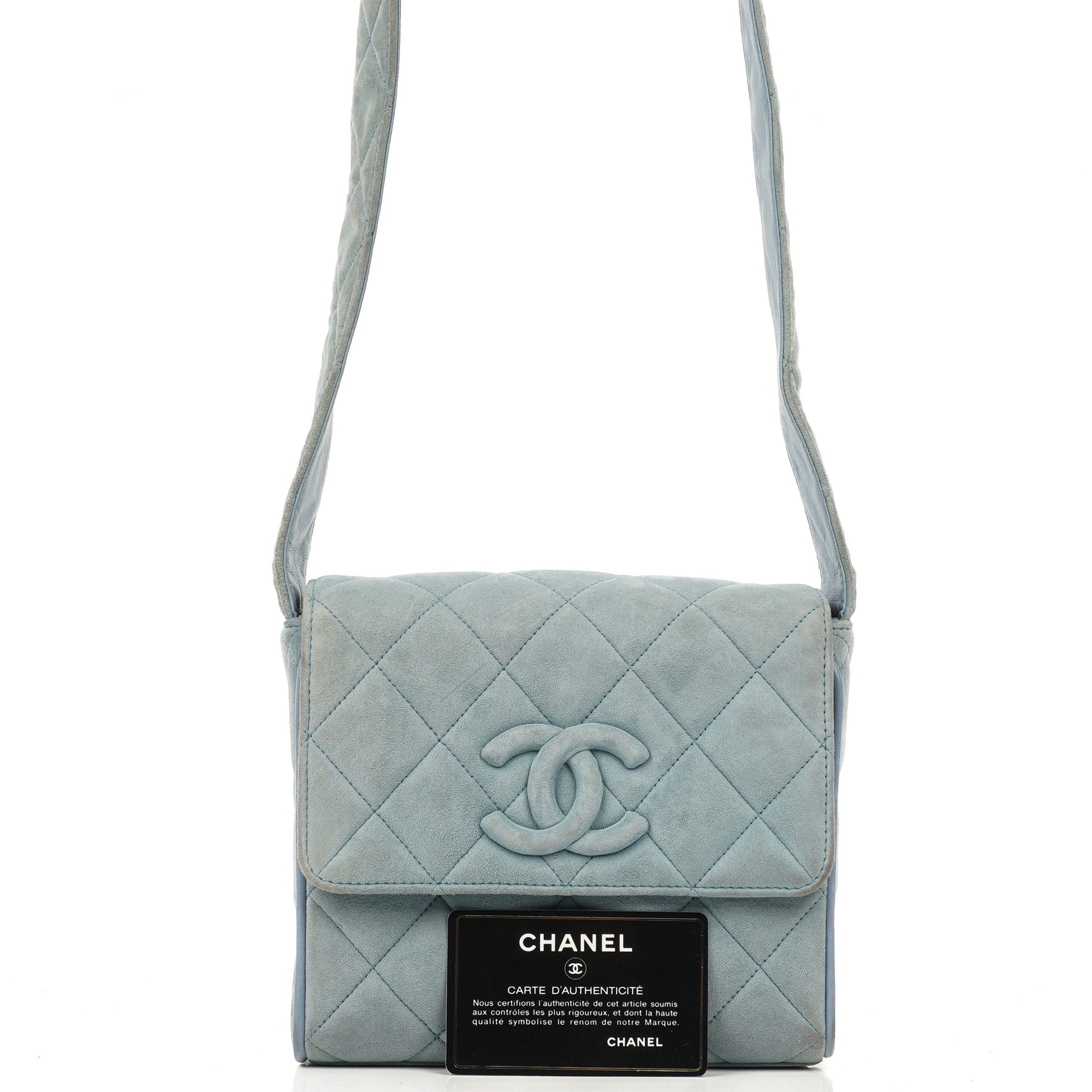 Chanel Small CC Flap Crossbody Tasche aus hellblauem gestepptem Wildleder