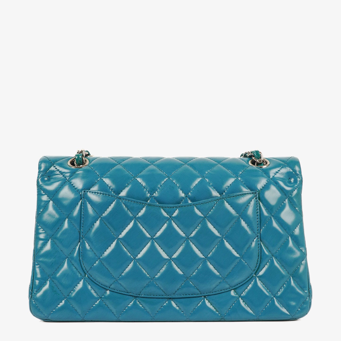 Chanel mittelgroße Classic Double Flap Tasche aus blauem Lack-Steppleder mit silberfarbener Hardware