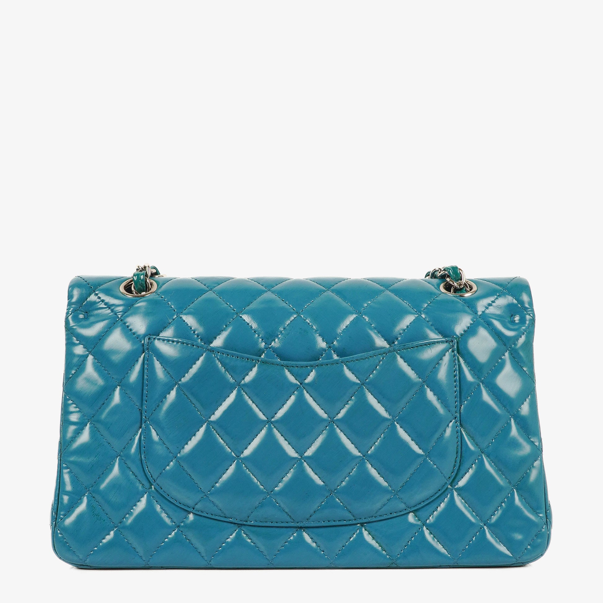 Chanel mittelgroße Classic Double Flap Tasche aus blauem Lack-Steppleder mit silberfarbener Hardware