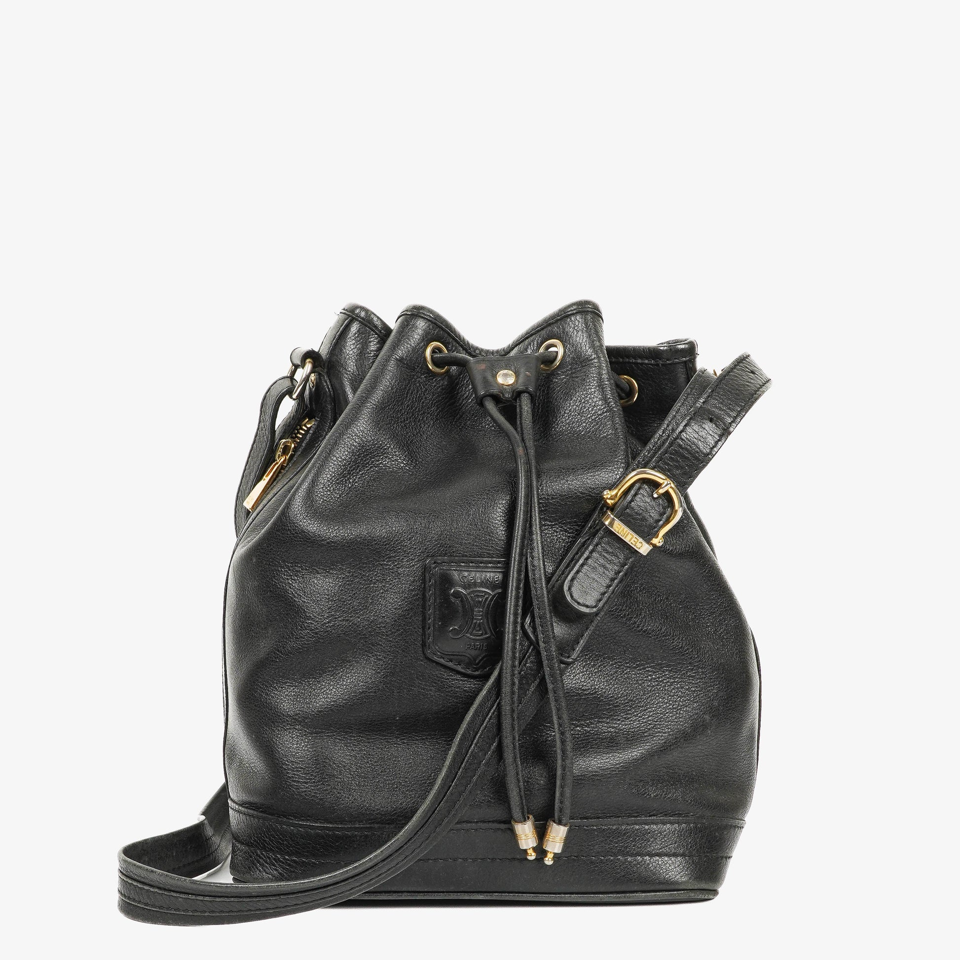Céline Bucket Bag aus schwarzem Leder mit Kordelzug