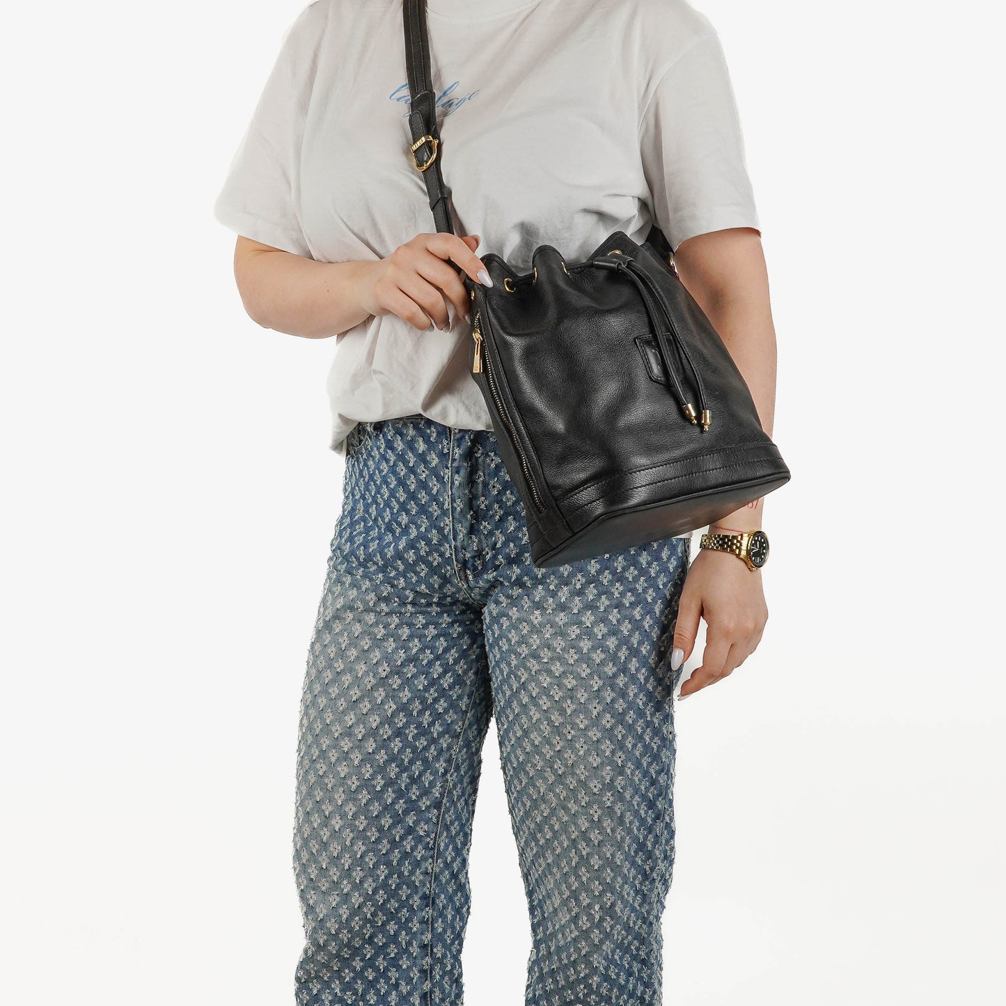 Céline Bucket Bag aus schwarzem Leder mit Kordelzug