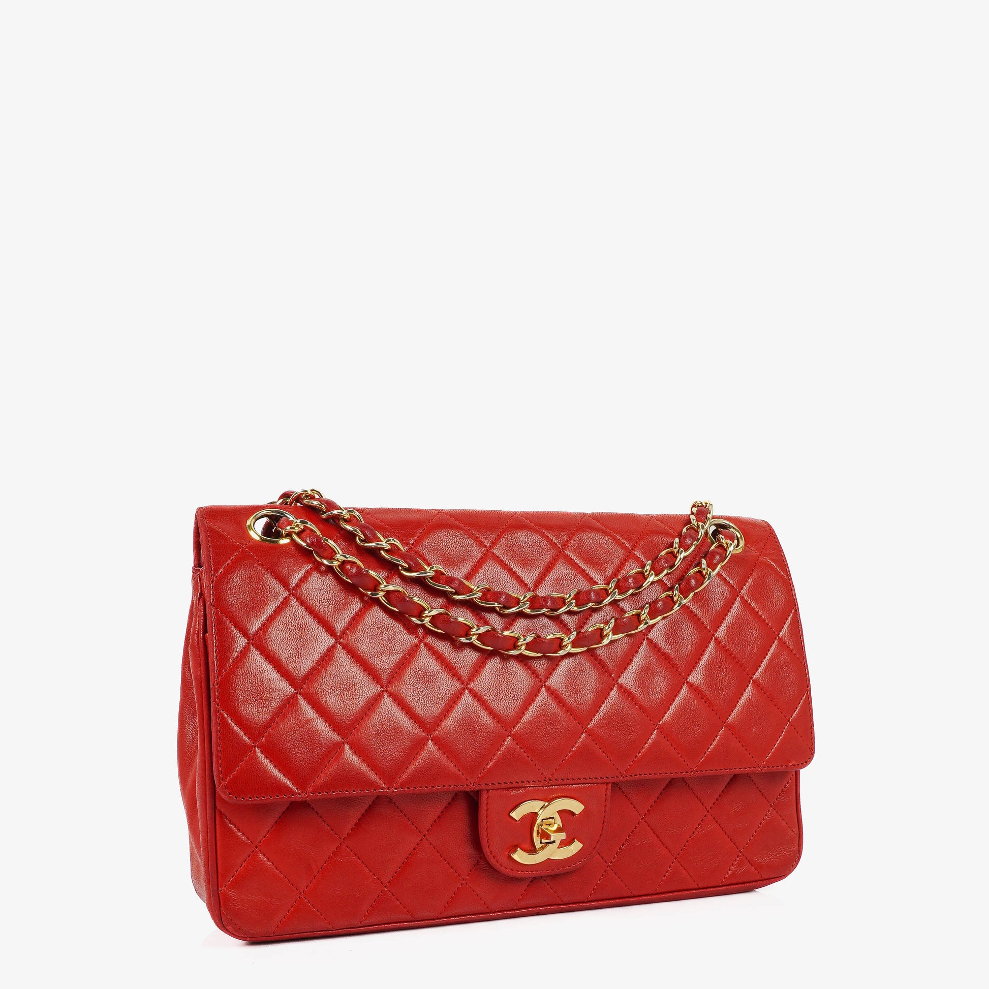 Chanel Vintage Classic Medium Double Flap Tasche aus rotem gestepptem Lammleder mit 24-karätig vergoldeter Hardware