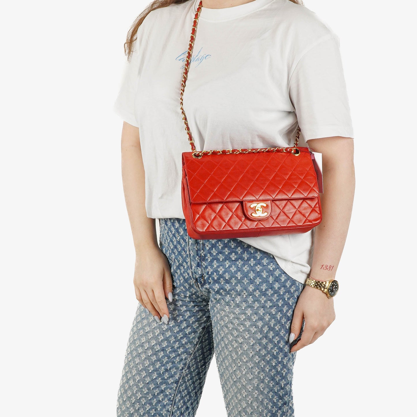 Chanel Vintage Classic Medium Double Flap Tasche aus rotem gestepptem Lammleder mit 24-karätig vergoldeter Hardware