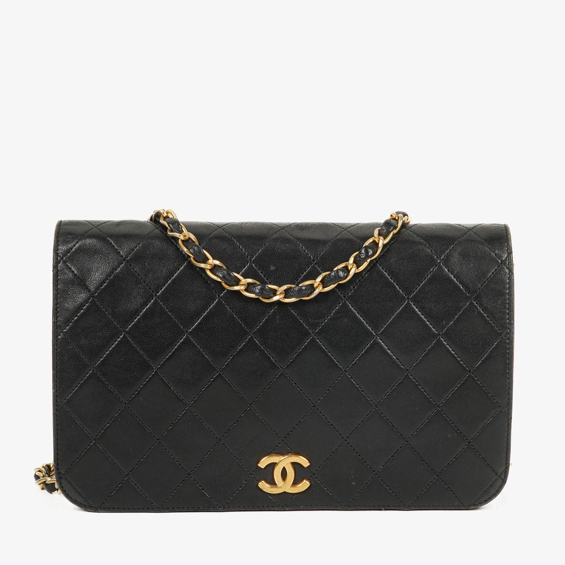 Chanel Classic Full Flap Tasche aus schwarzem gestepptem Leder mit 24K vergoldeten Beschlägen