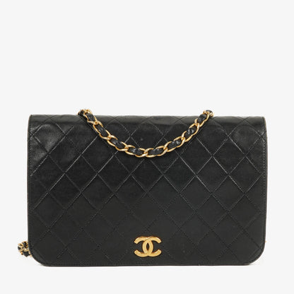 Chanel Classic Full Flap Tasche aus schwarzem gestepptem Leder mit 24K vergoldeten Beschlägen