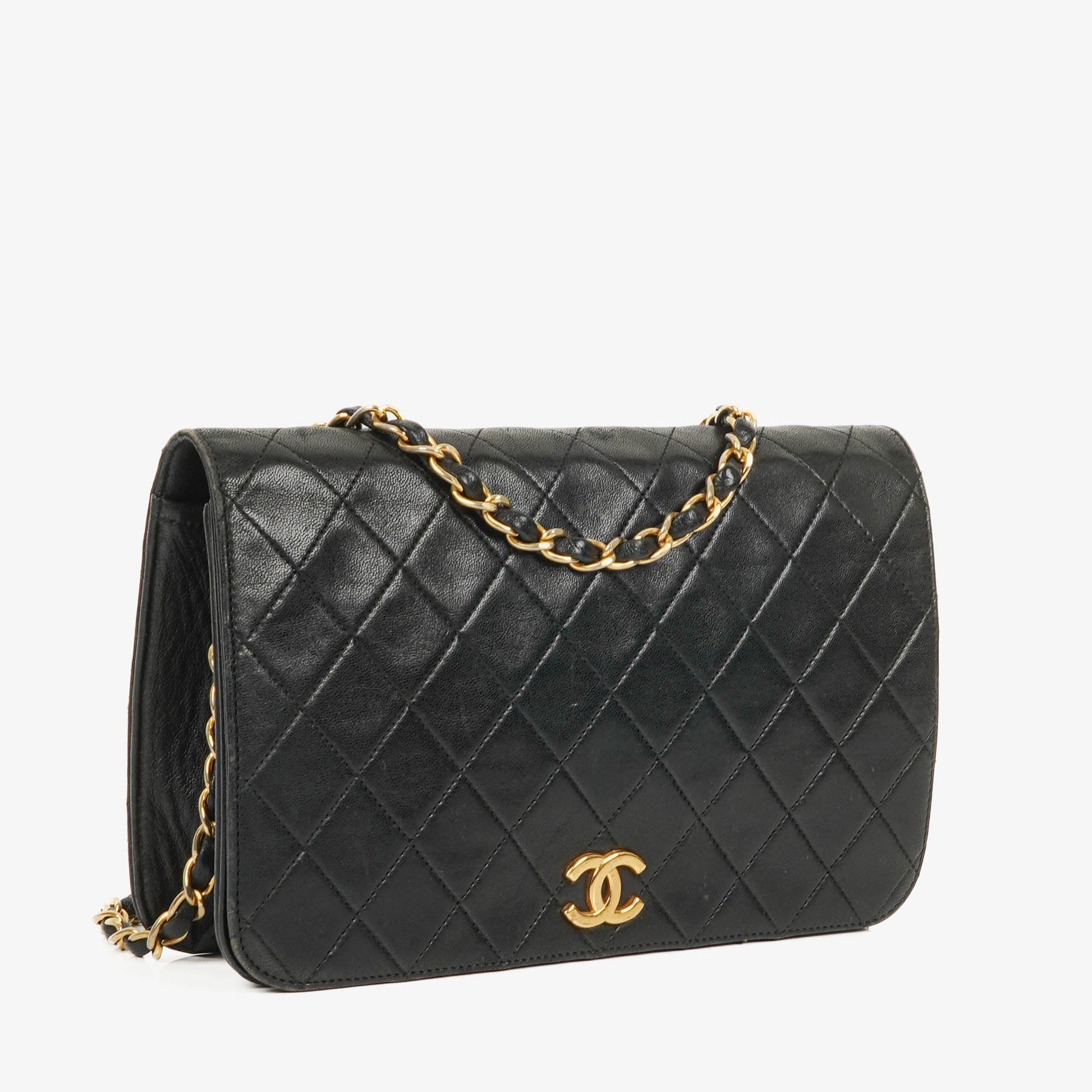 Chanel Classic Full Flap Tasche aus schwarzem gestepptem Leder mit 24K vergoldeten Beschlägen