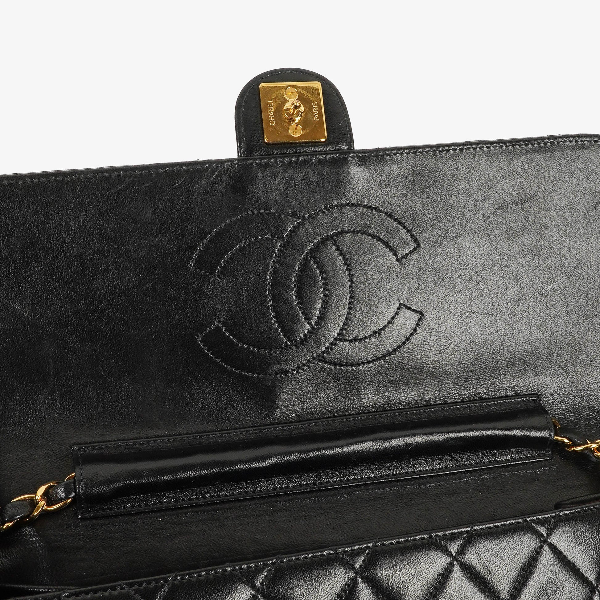 Chanel Medium Classic Single Flap Tasche aus schwarzem gestepptem Lammleder mit 24K vergoldeten Beschlägen