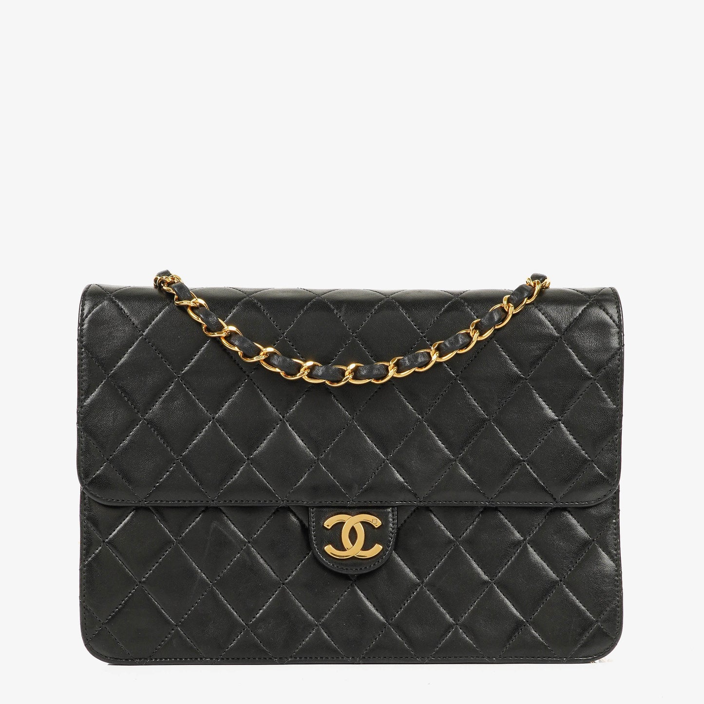 Chanel Medium Classic Single Flap Tasche aus schwarzem gestepptem Lammleder mit 24K vergoldeten Beschlägen