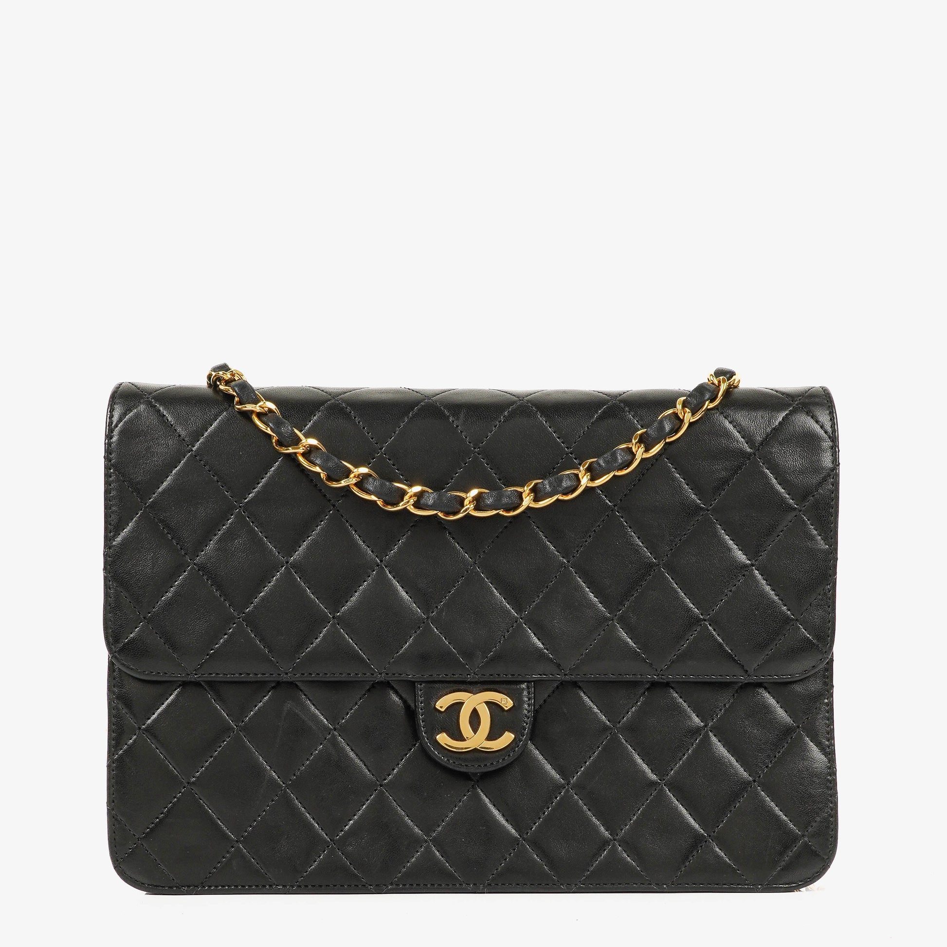 Chanel Medium Classic Single Flap Tasche aus schwarzem gestepptem Lammleder mit 24K vergoldeten Beschlägen