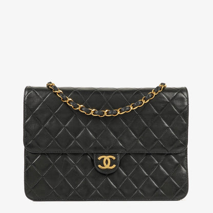 Chanel Medium Classic Single Flap Tasche aus schwarzem gestepptem Lammleder mit 24K vergoldeten Beschlägen