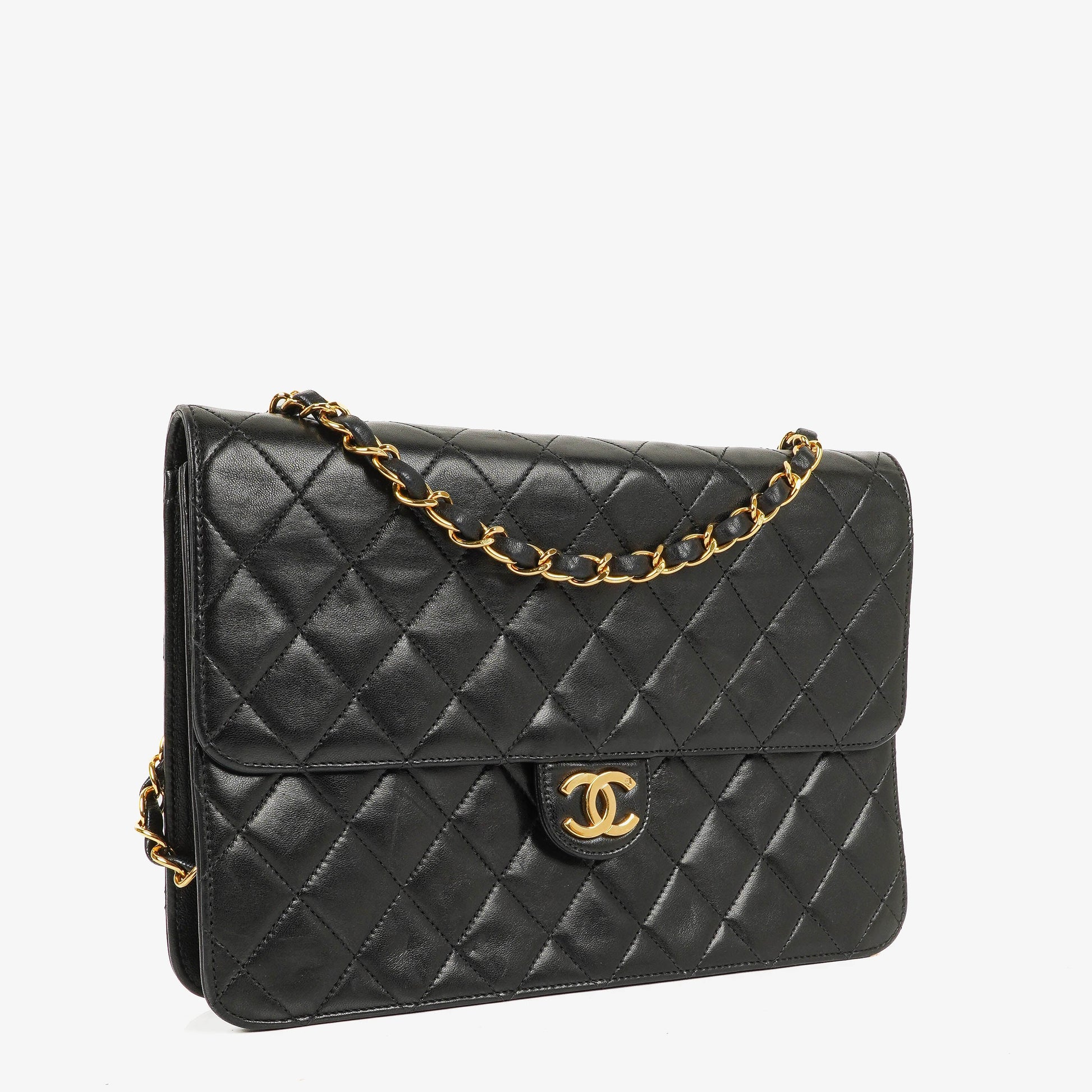 Chanel Medium Classic Single Flap Tasche aus schwarzem gestepptem Lammleder mit 24K vergoldeten Beschlägen
