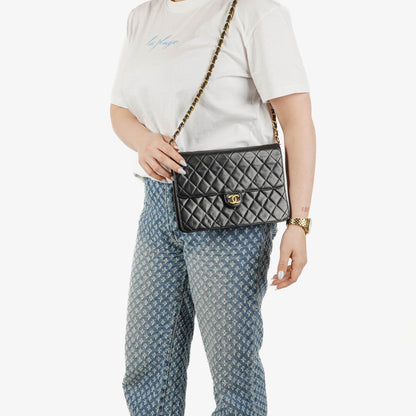 Chanel Medium Classic Single Flap Tasche aus schwarzem gestepptem Lammleder mit 24K vergoldeten Beschlägen