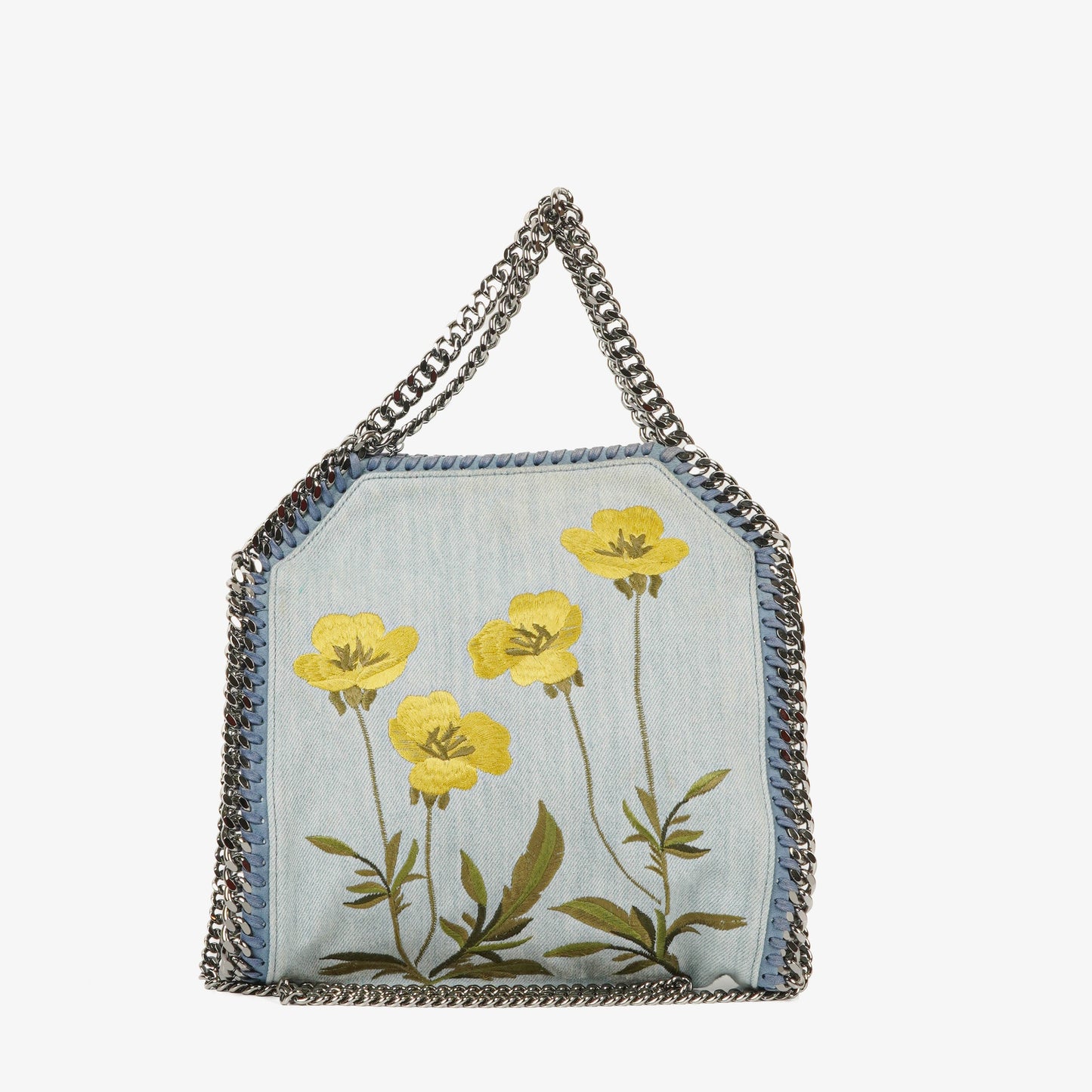 Stella McCartney Falabella Mini Tote aus blauem Denim mit Blumen