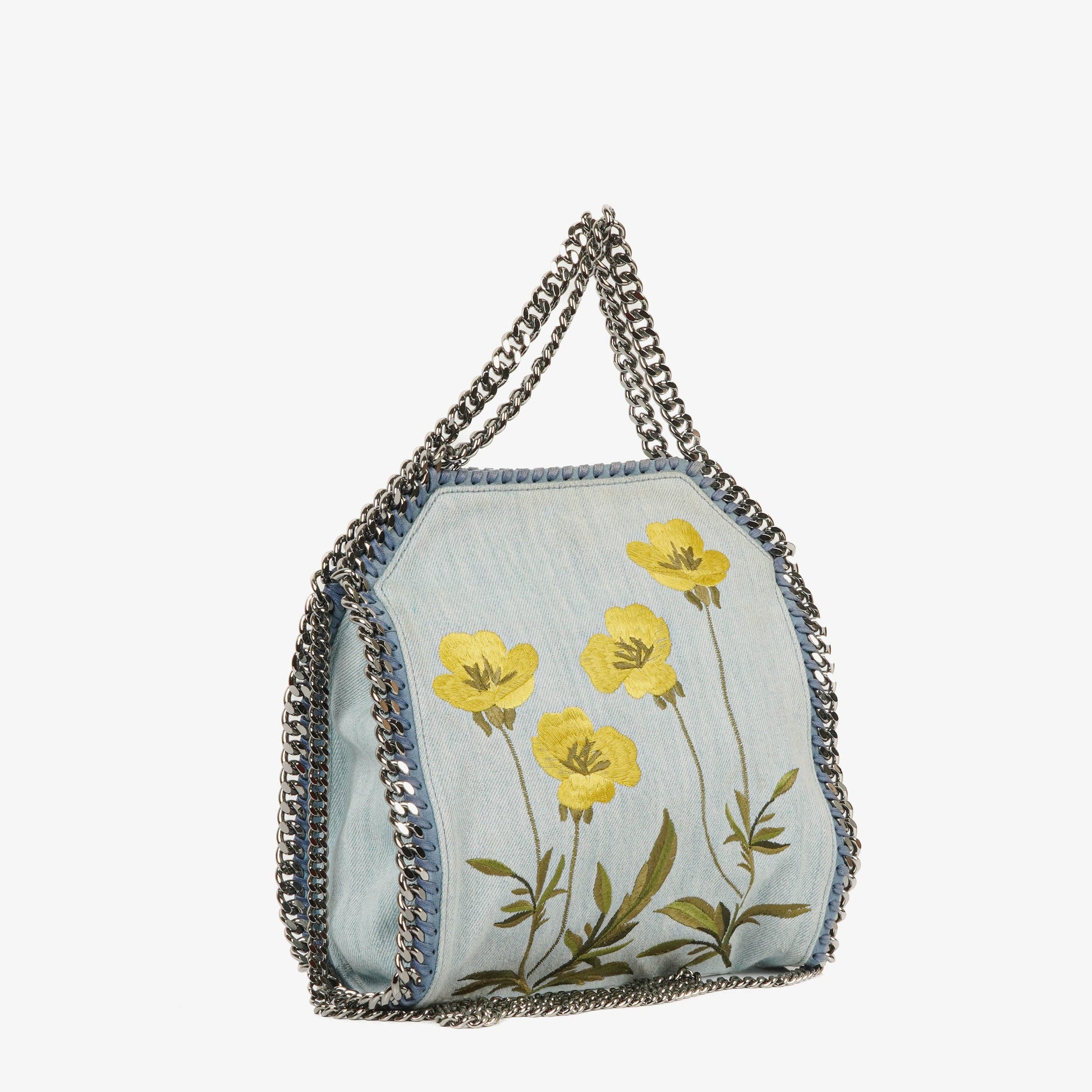 Stella McCartney Falabella Mini Tote aus blauem Denim mit Blumen
