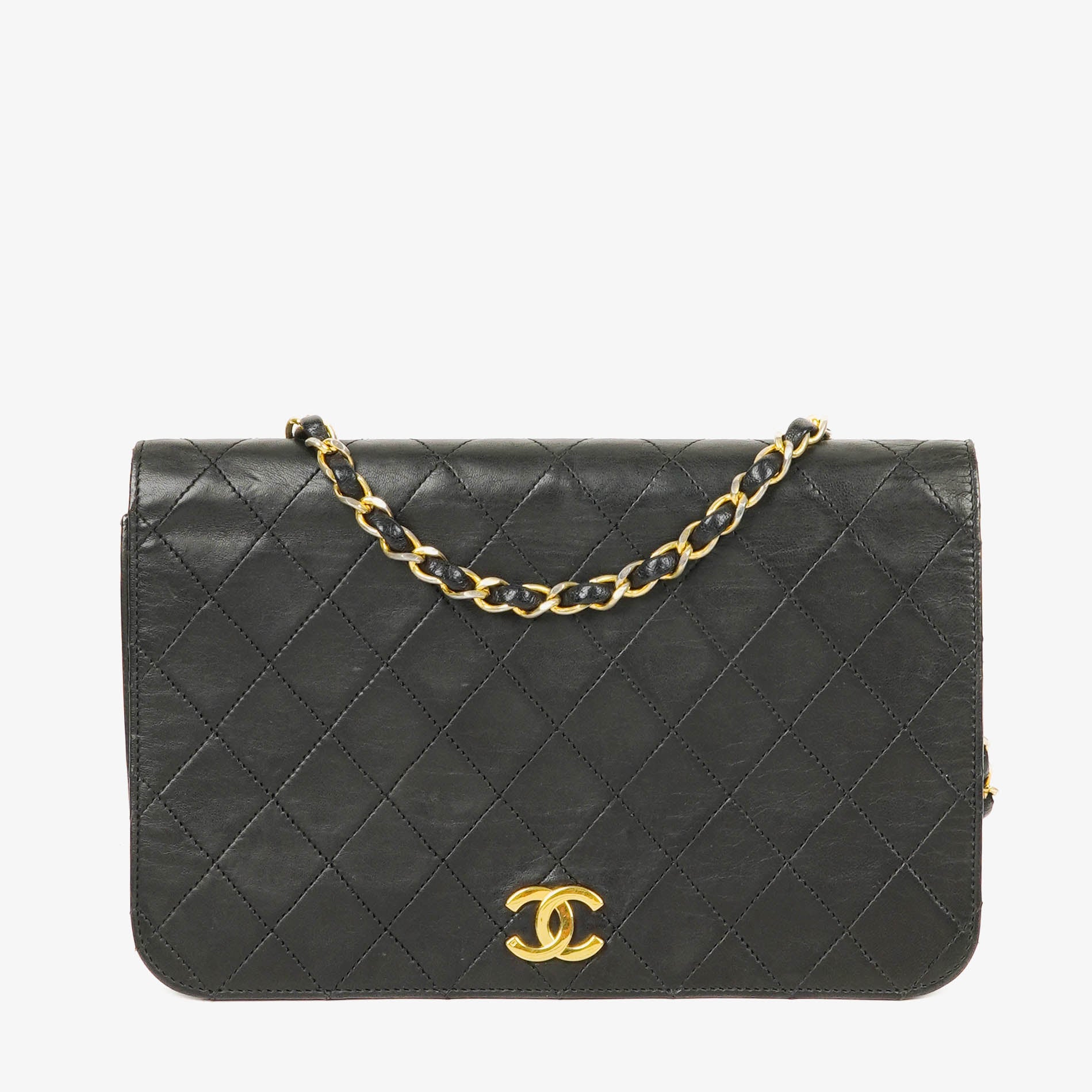 Chanel Classic Full Flap Bag aus schwarzem gestepptem Leder mit 24K vergoldeter Hardware
