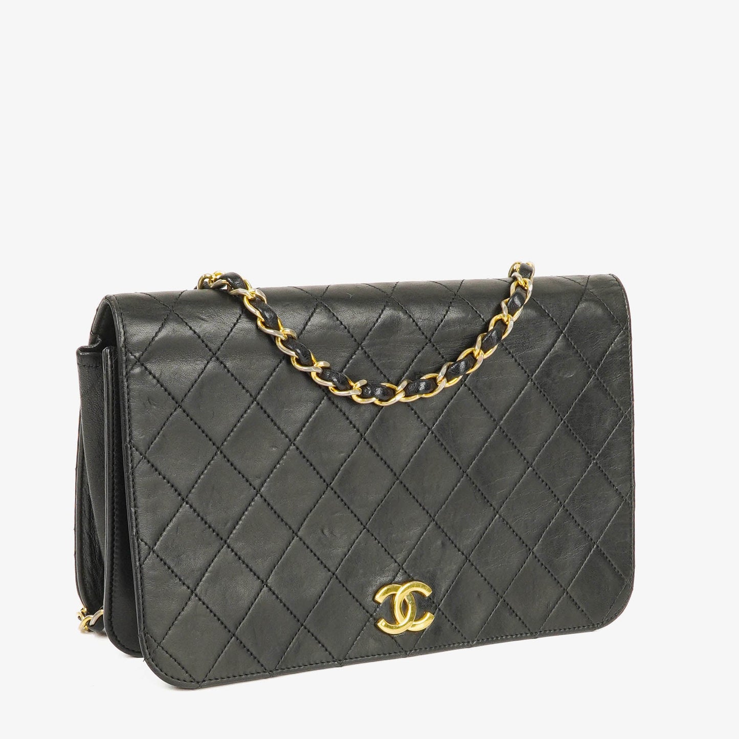 Chanel Classic Full Flap Bag aus schwarzem gestepptem Leder mit 24K vergoldeter Hardware