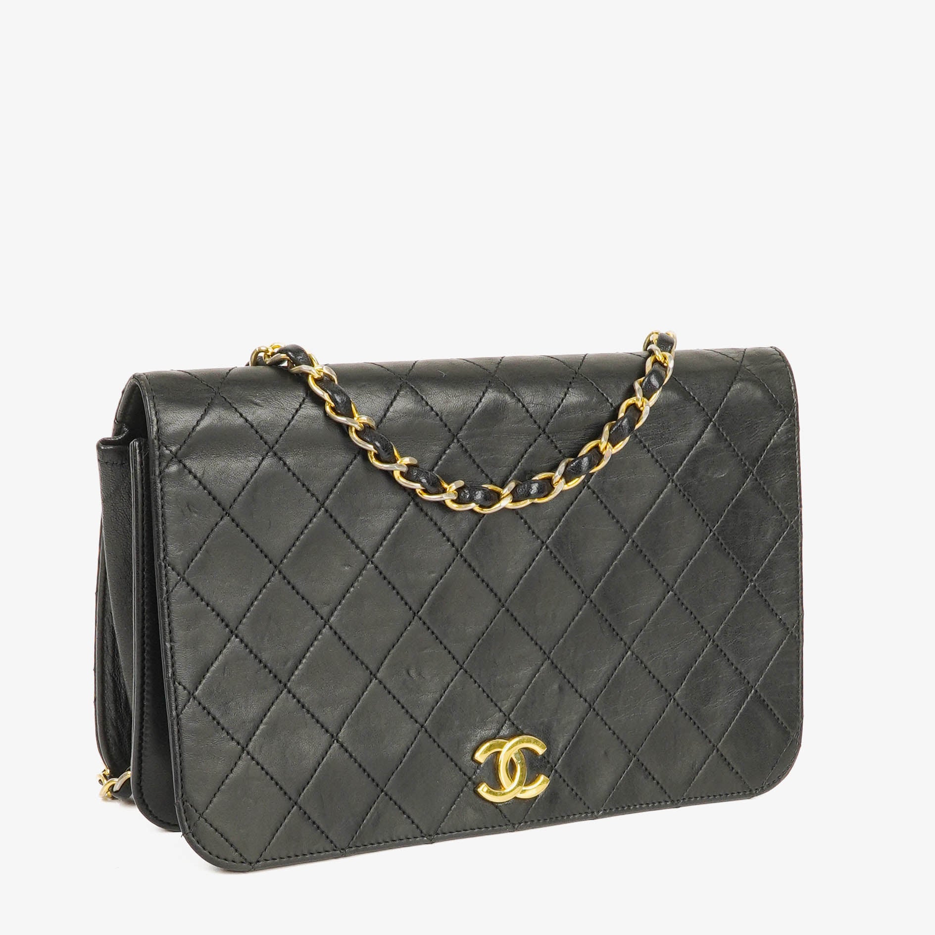 Chanel Classic Full Flap Bag aus schwarzem gestepptem Leder mit 24K vergoldeter Hardware