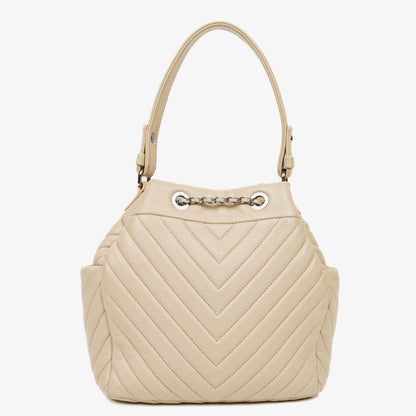 Chanel CC Chain Bucket Small Tasche aus beigem Hirschleder mit Chevron-Muster