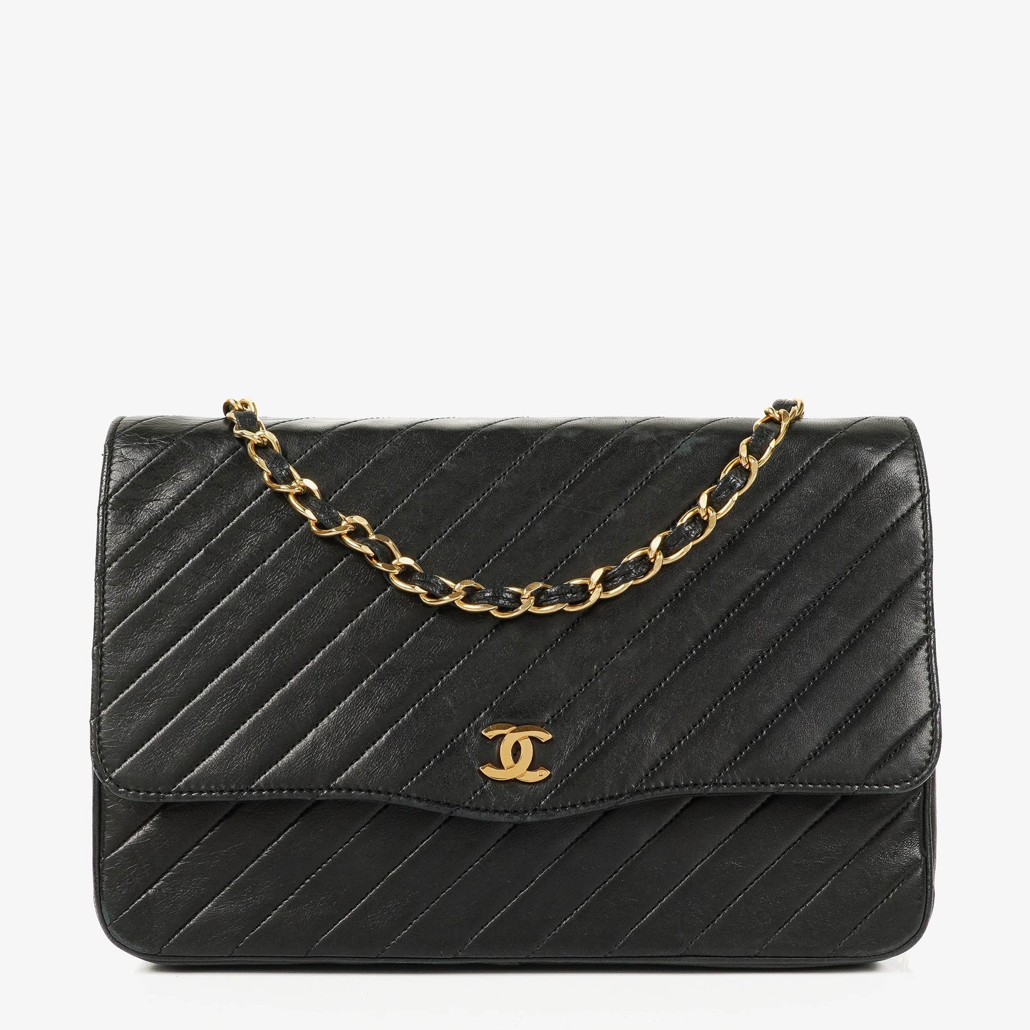 Chanel Classic Single Flap Bag aus schwarzem diagonal gestepptem Lammleder mit 24K vergoldeter Hardware