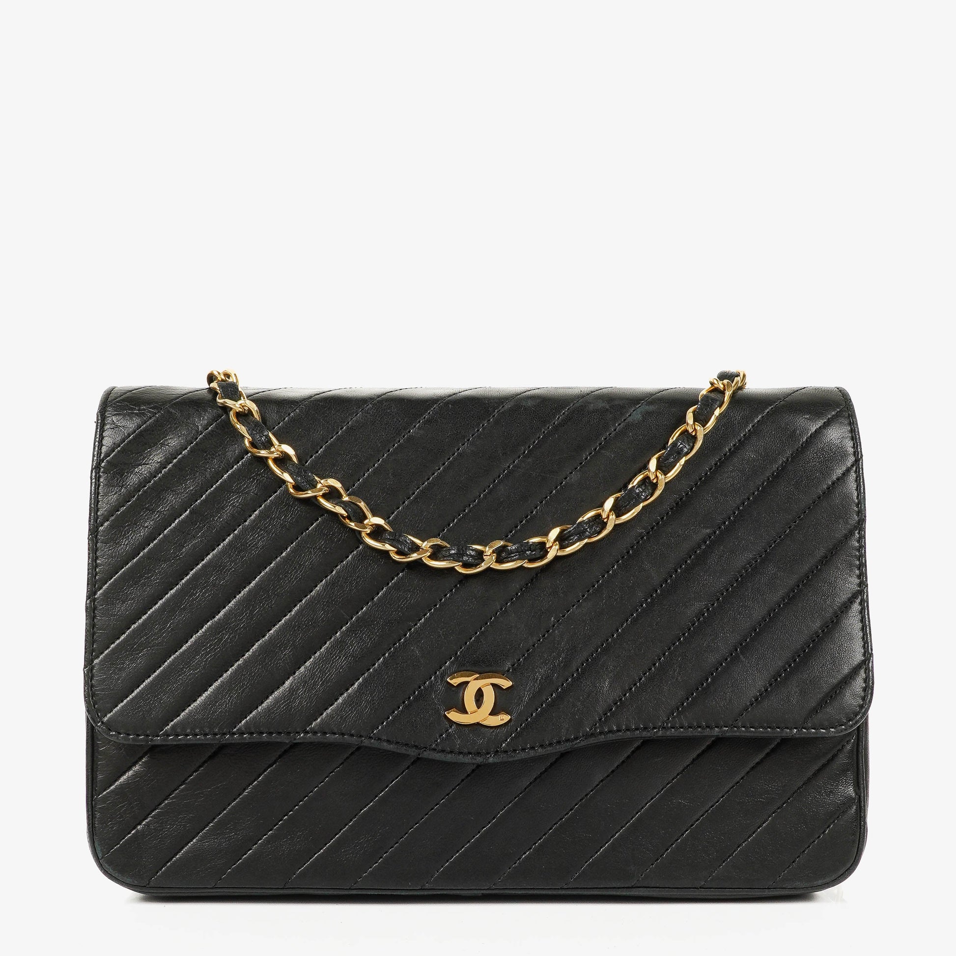 Chanel Classic Single Flap Bag aus schwarzem diagonal gestepptem Lammleder mit 24K vergoldeter Hardware