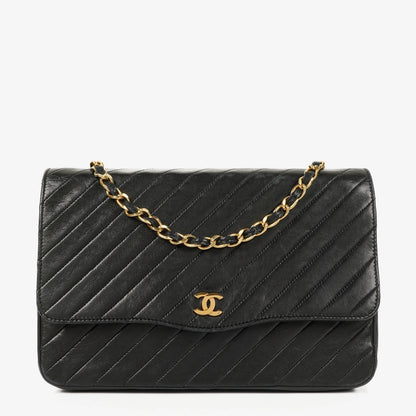 Chanel Classic Single Flap Bag aus schwarzem diagonal gestepptem Lammleder mit 24K vergoldeter Hardware