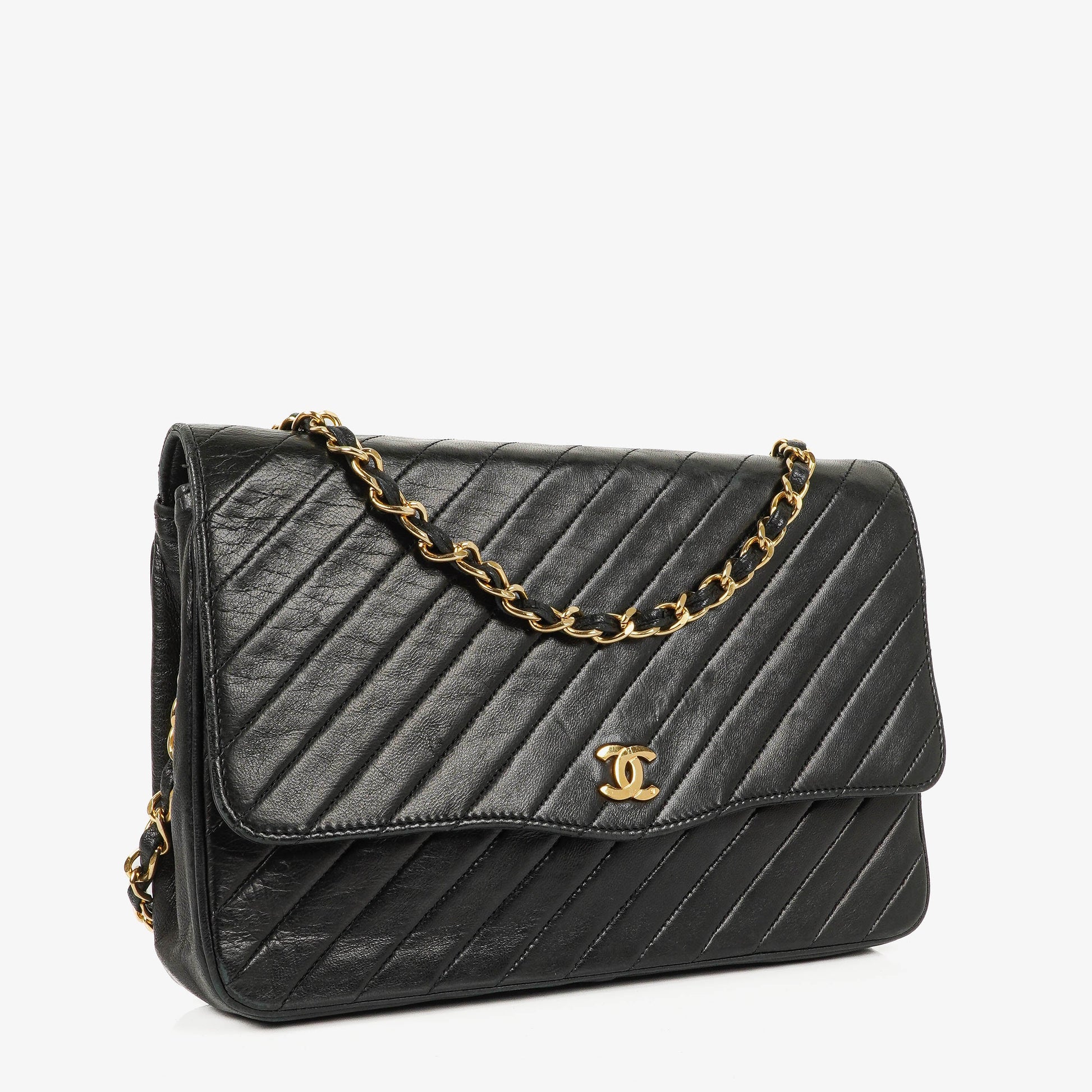 Chanel Classic Single Flap Bag aus schwarzem diagonal gestepptem Lammleder mit 24K vergoldeter Hardware