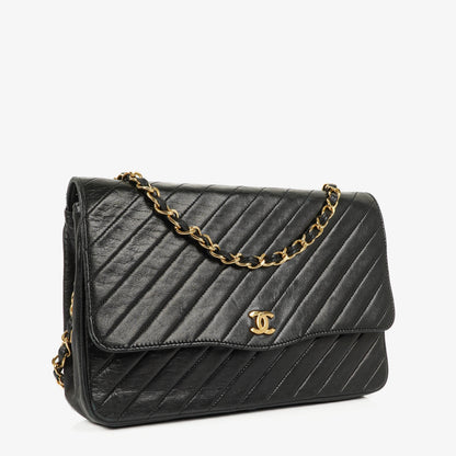 Chanel Classic Single Flap Bag aus schwarzem diagonal gestepptem Lammleder mit 24K vergoldeter Hardware