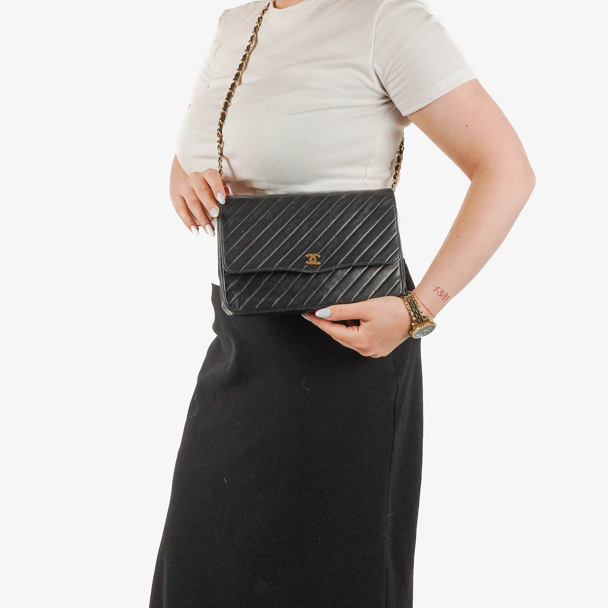Chanel Classic Single Flap Bag aus schwarzem diagonal gestepptem Lammleder mit 24K vergoldeter Hardware
