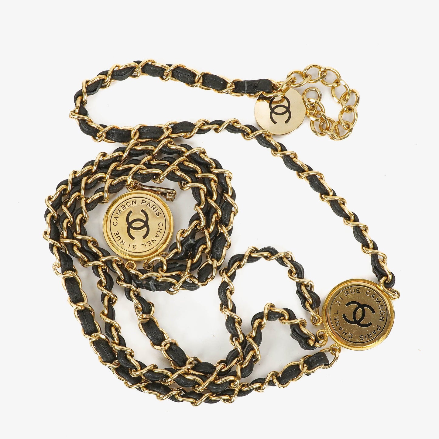 Chanel Münzgürtel mit goldener Kette und schwarzem Leder