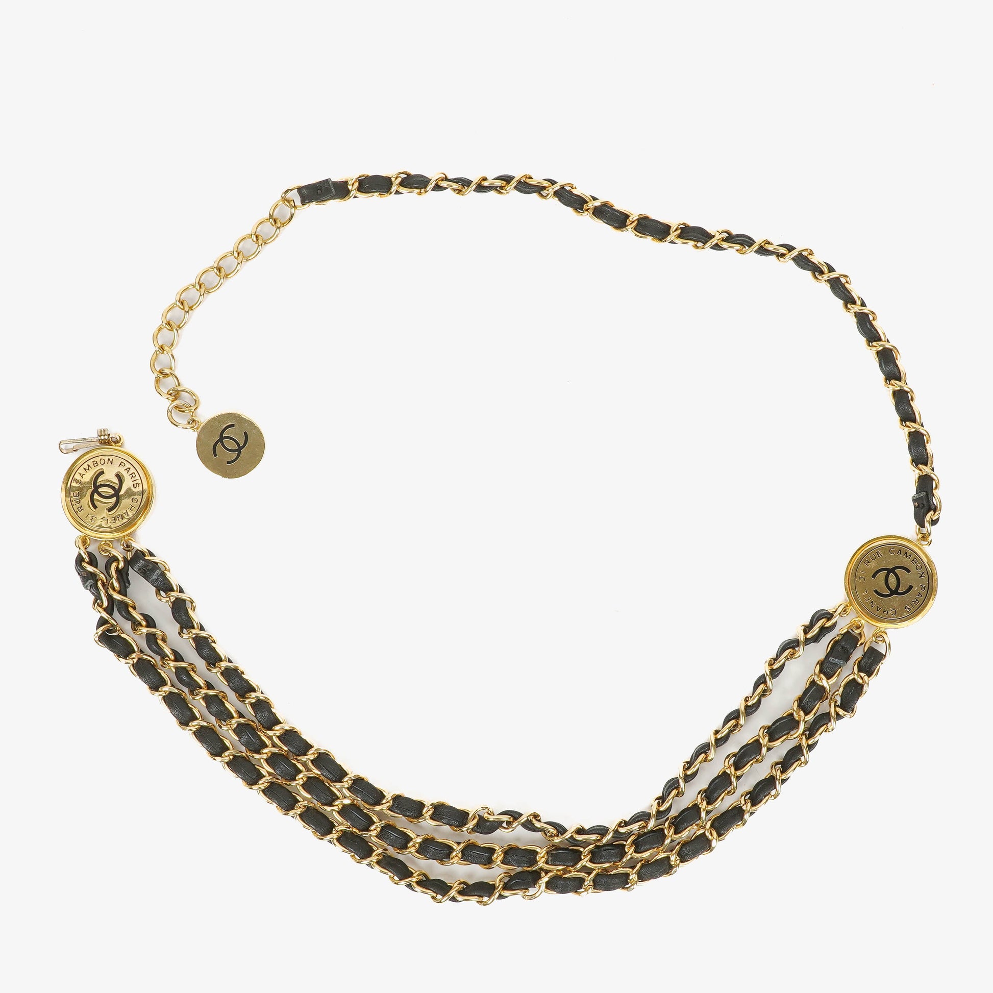 Chanel Münzgürtel mit goldener Kette und schwarzem Leder