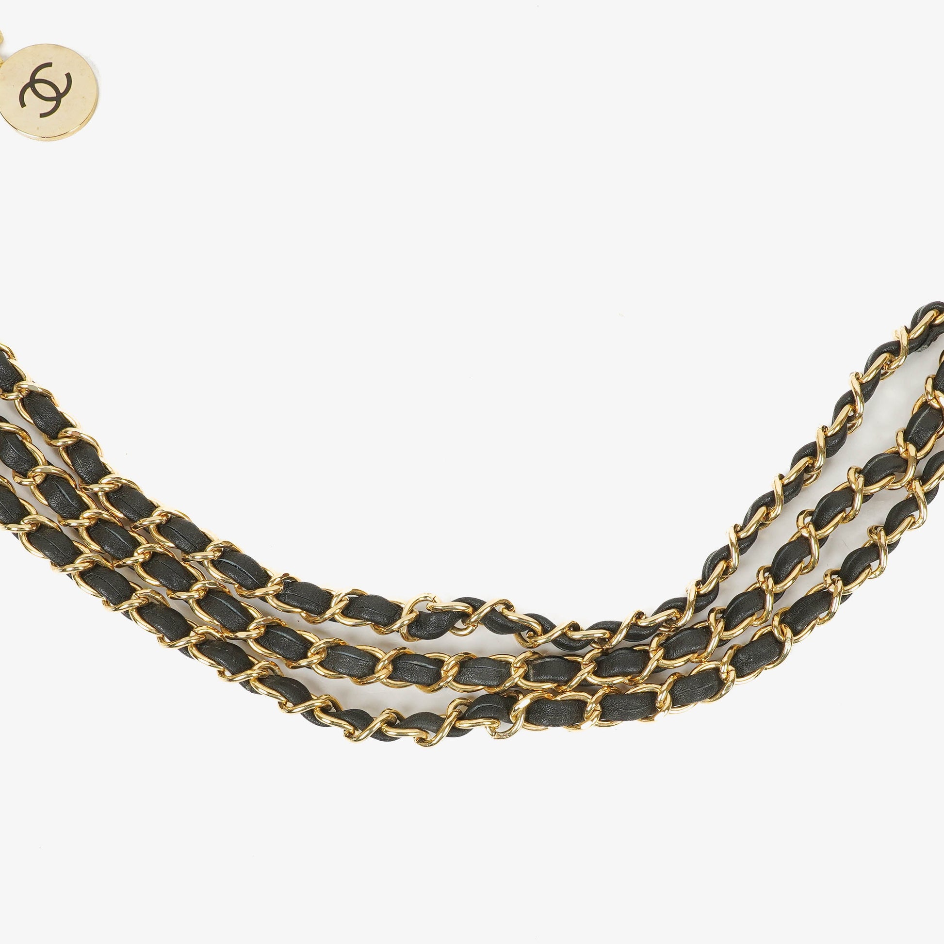Chanel Münzgürtel mit goldener Kette und schwarzem Leder