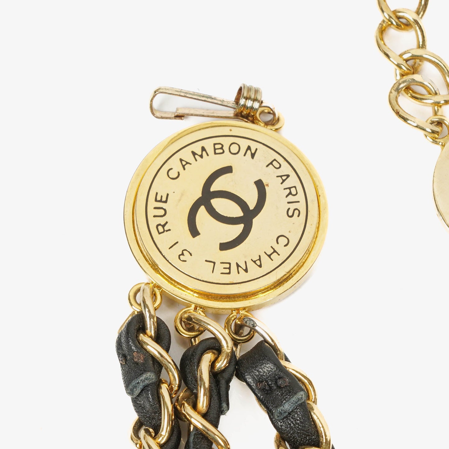 Chanel Münzgürtel mit goldener Kette und schwarzem Leder