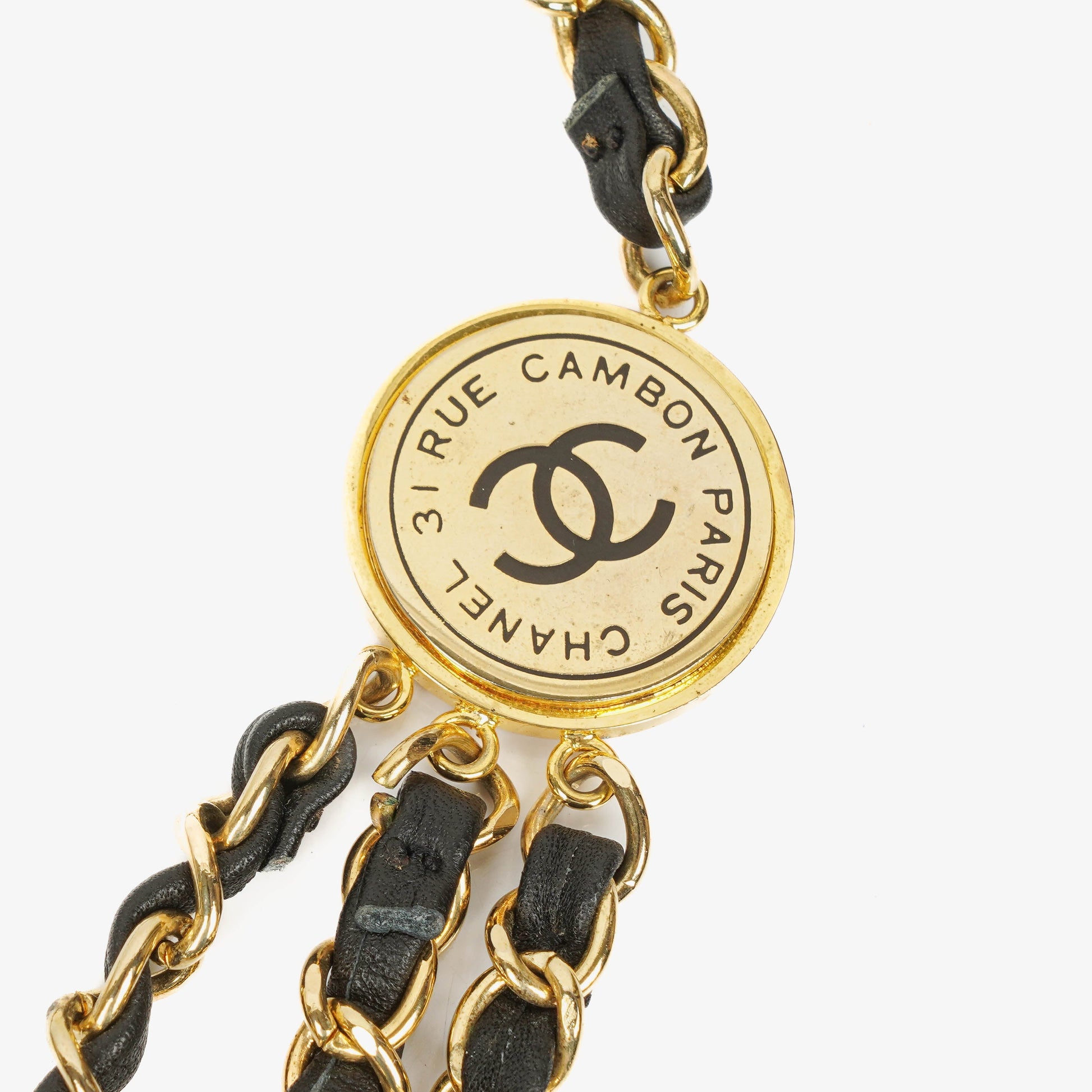 Chanel Münzgürtel mit goldener Kette und schwarzem Leder