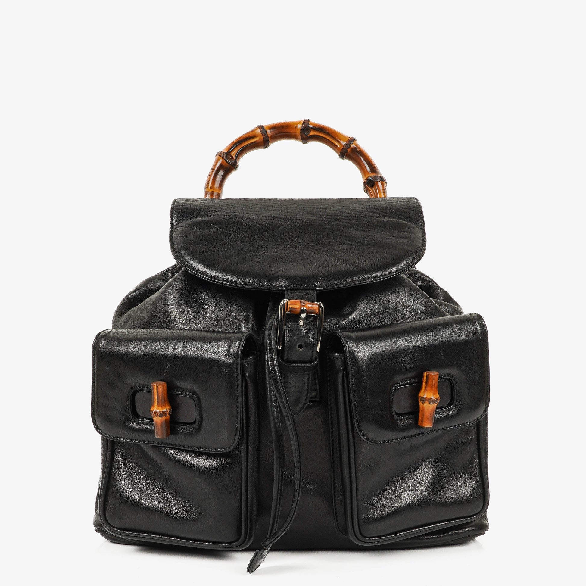 Gucci Vintage Bamboo Rucksack aus schwarzem Leder